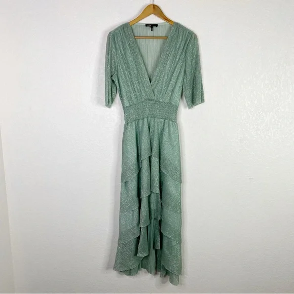 Maje Green Stretch Lurex Ruffled Midi Dress - Picture 2 of 8